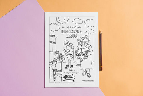 top view of printed illustrated coloring sheet for Adventist community services