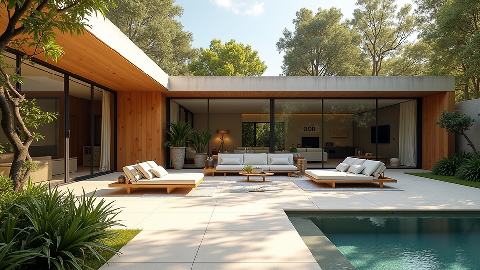 Wide angle view of a beautifully designed outdoor living space
