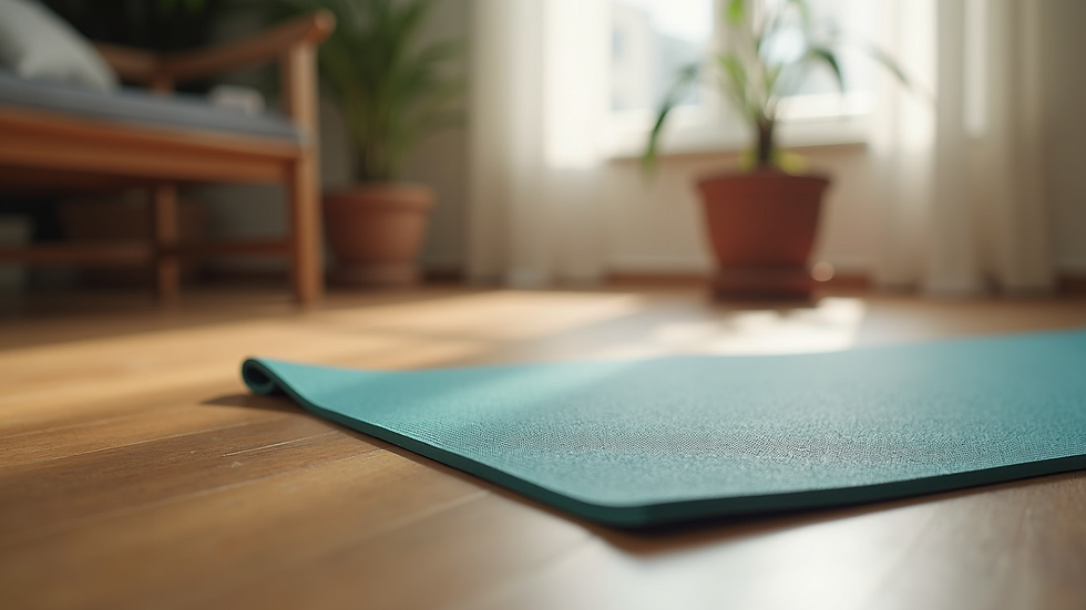 Eye-level view of a yoga mat placed on a wooden floor