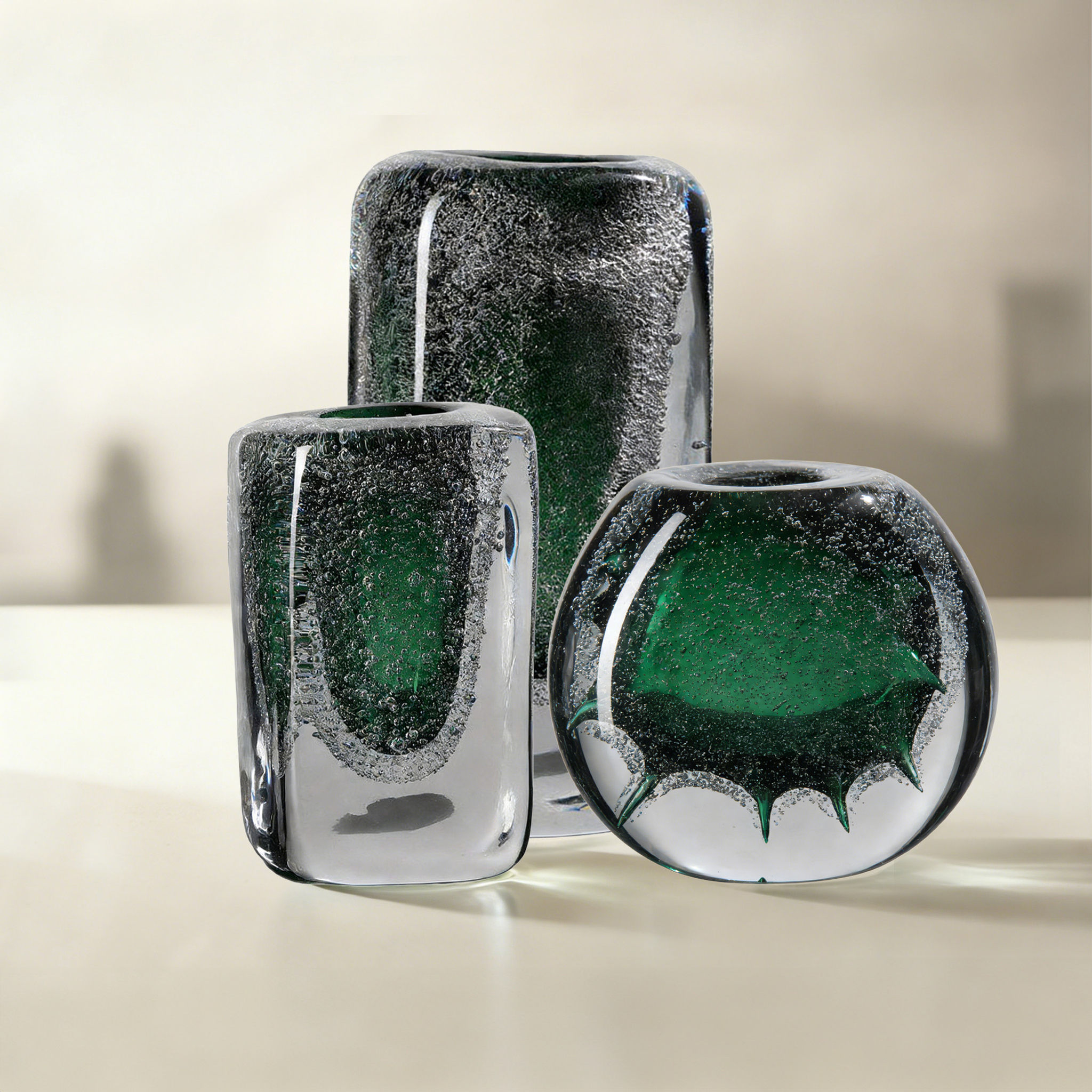 Emerald Sparkle Art Glass Vase Trio