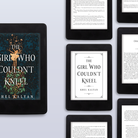 The Girl Who Couldn’t Kneel by Khel Kalyan shown on tablet screens with title page and prose layouts