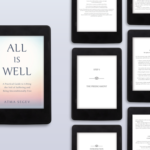 All Is Well by Atma Segev shown on tablet screens with cover and chapter-opening pages
