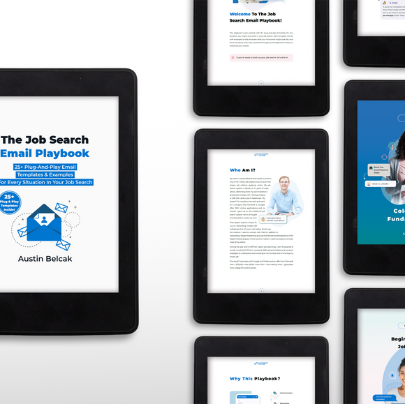 The Job Search Email Playbook by Austin Belcak shown on tablet screens with cover and interior pages