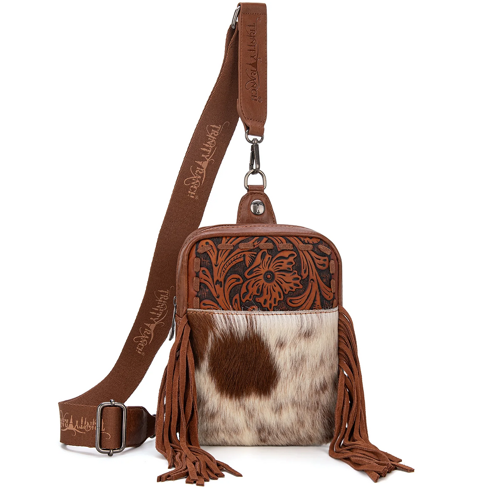 Thumbnail: Trinity Ranch Genuine Hair-On Cowhide Tooled Fringe Sling Bag