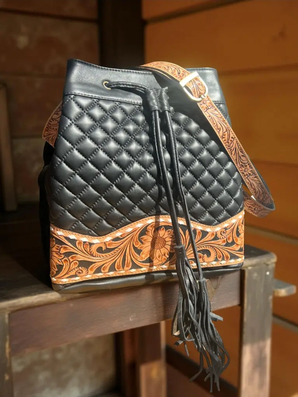 Western Tooled Quilted Leather Black Bucket Bag