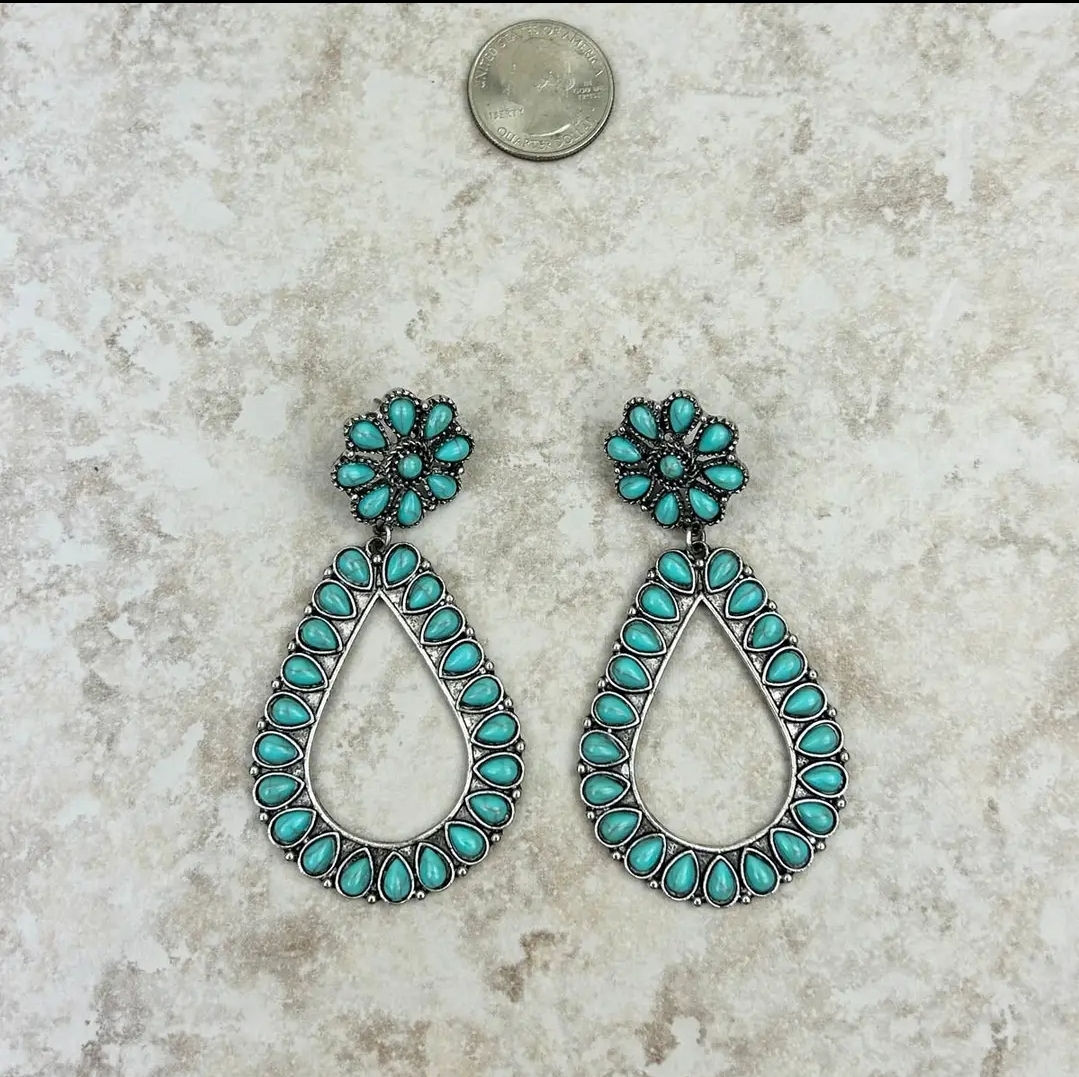Western Turquoise Floral Teardrop Concho Earrings 