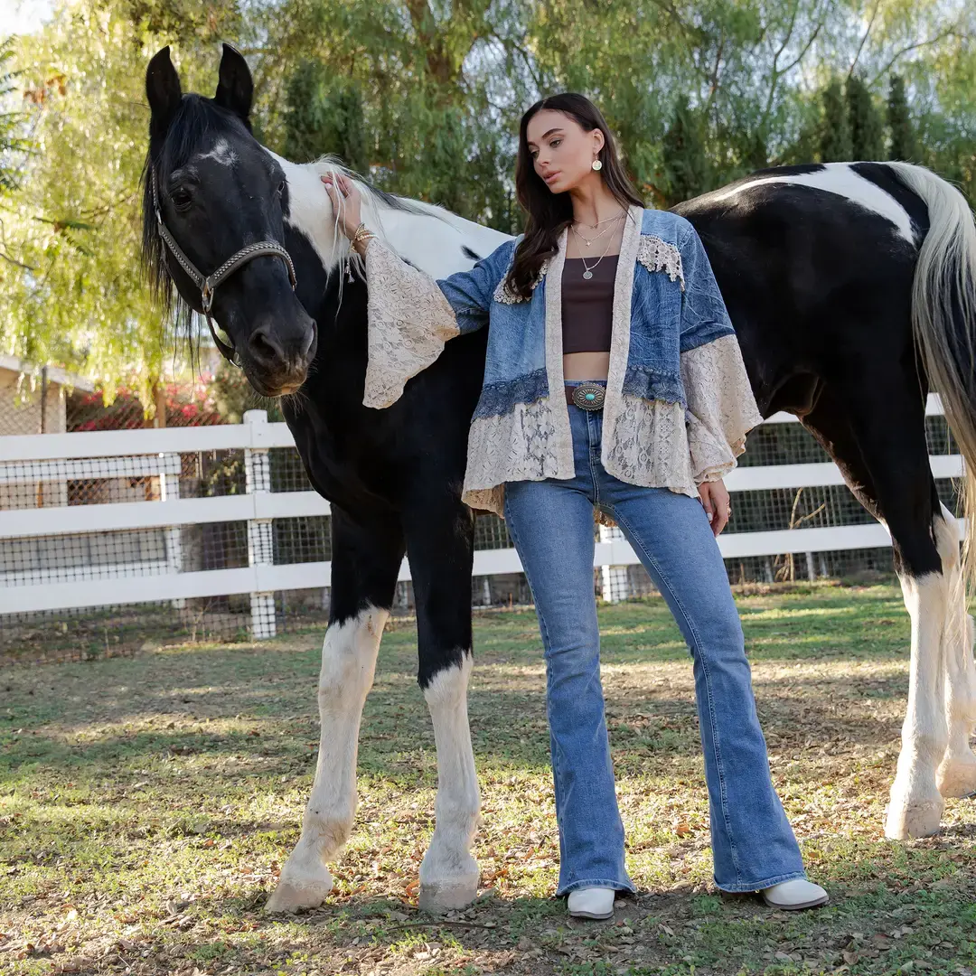 Western Boho Lace & Denim Patchwork Kimono Top