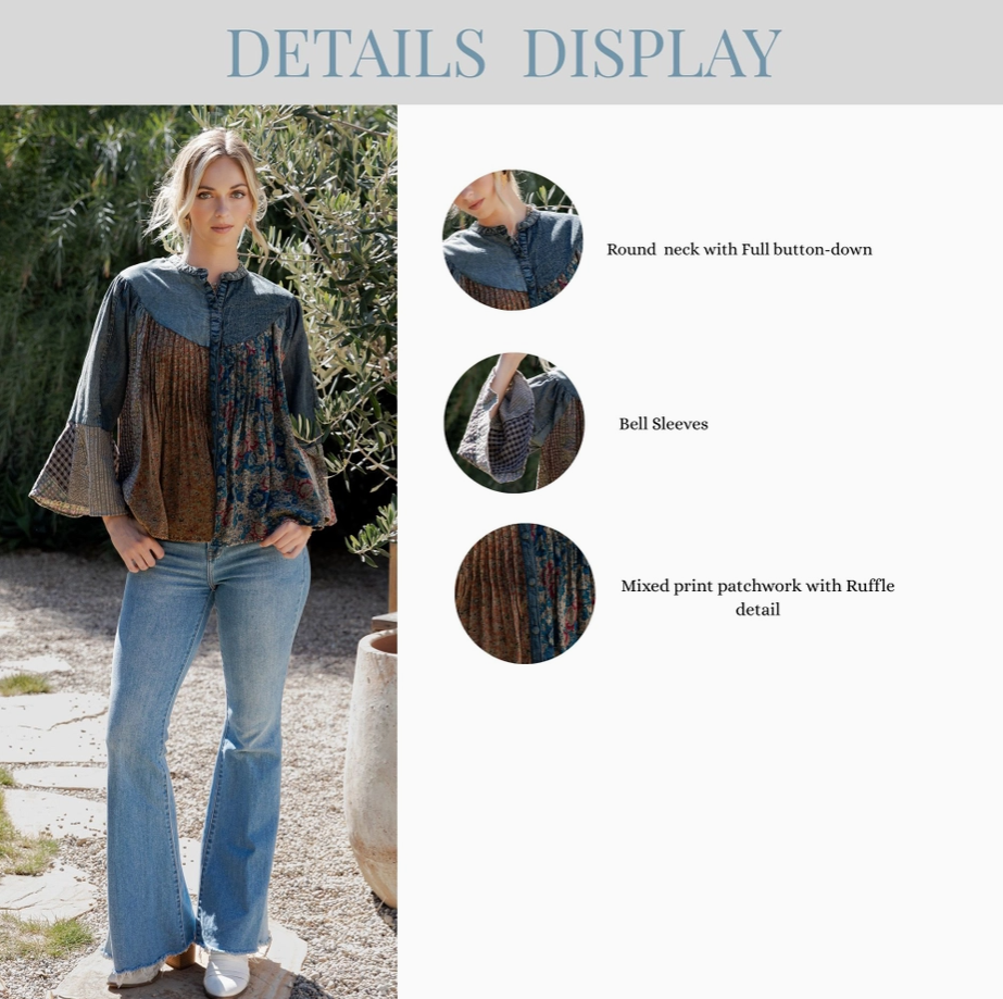 Thumbnail: Pintucked Denim Shirt with Printed Patchwork Bell Sleeves