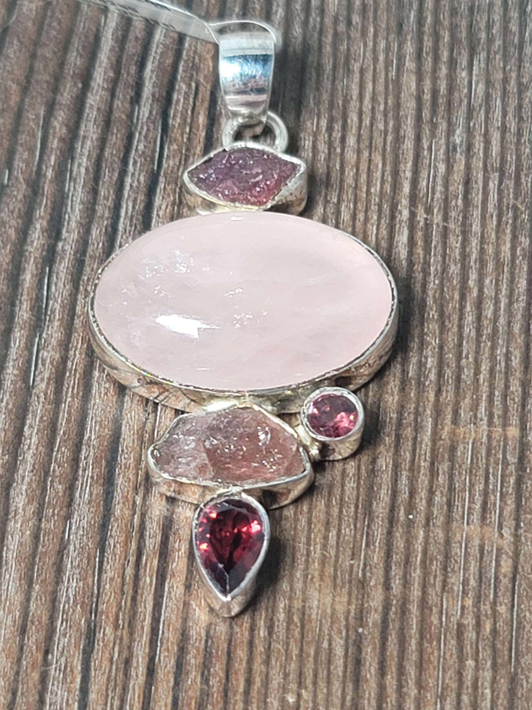 925 Sterling Silver Garnet, Rose Quartz, Tourmaline Pendant 