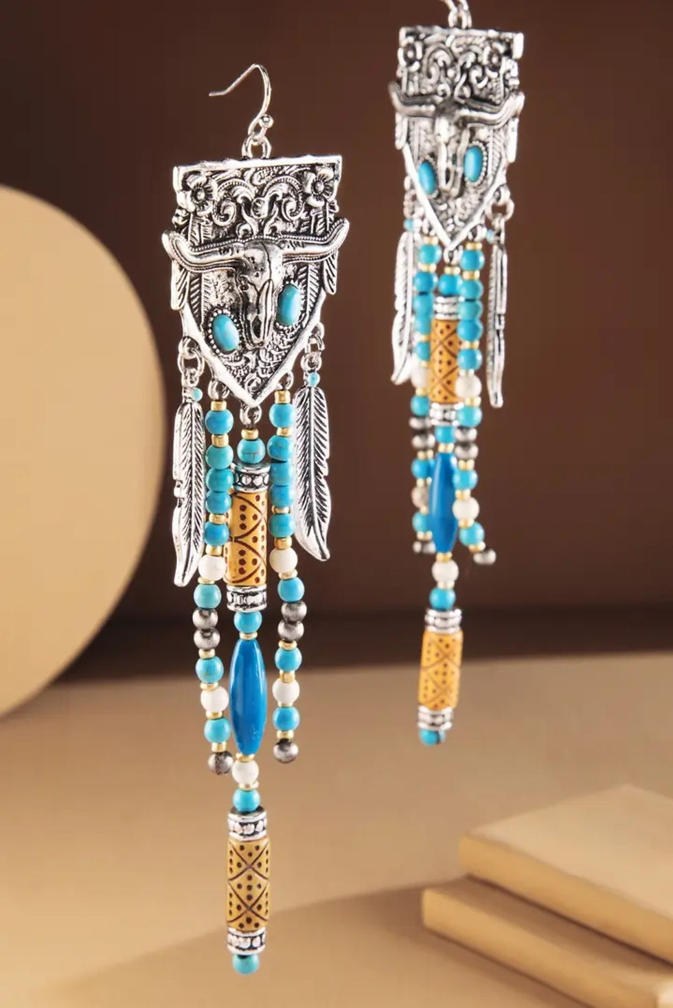 Thumbnail: Western Multi-Stone Steer Head Fringe Earrings 