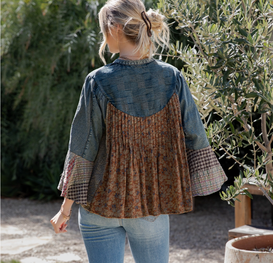 Thumbnail: Pintucked Denim Shirt with Printed Patchwork Bell Sleeves