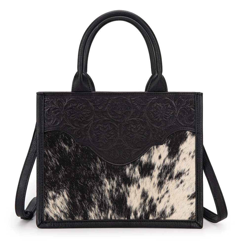 Trinity Ranch Hair On Cowhide Floral Tooled Concealed Carry Tote/Crossbody - Bla