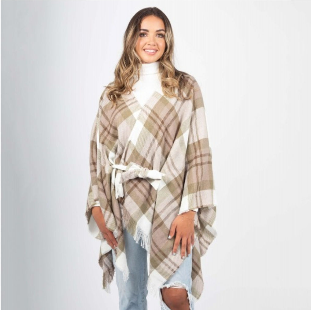 Plaid Knit Kimono Wrap With Belt And Fringe Hem