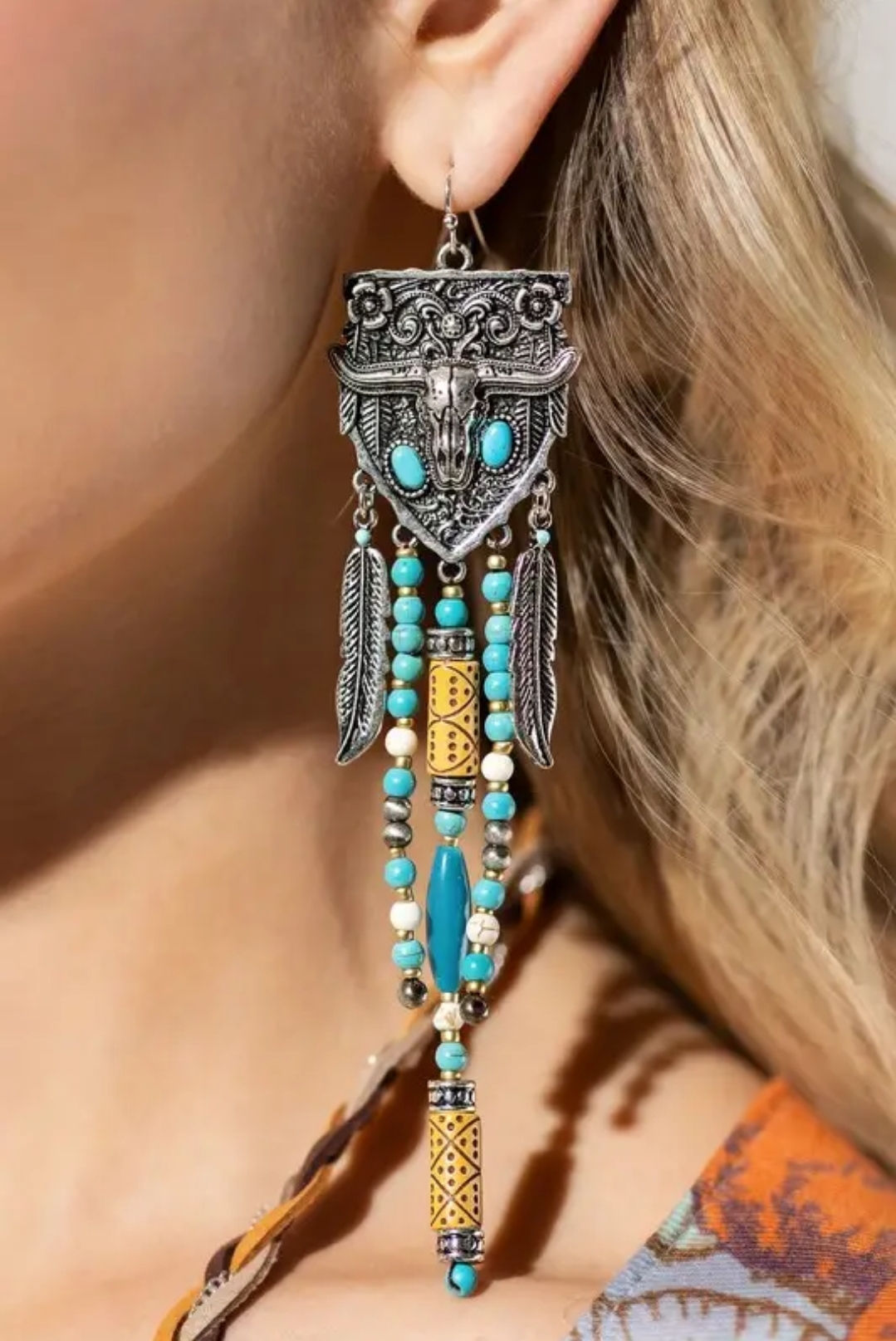 Western Multi-Stone Steer Head Fringe Earrings 