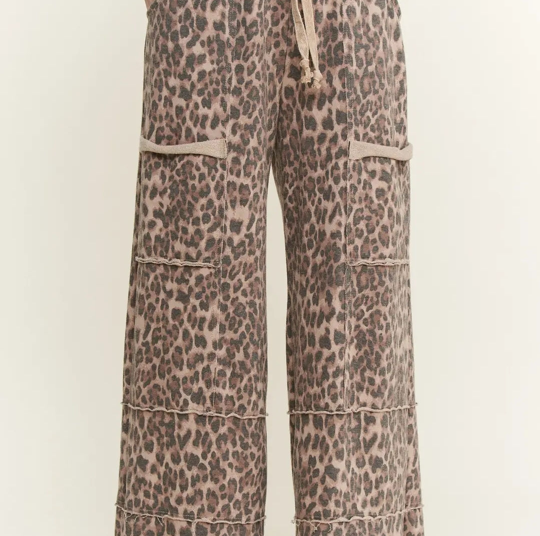 Mineral Washed Animal Leopard Wide Leg Pants