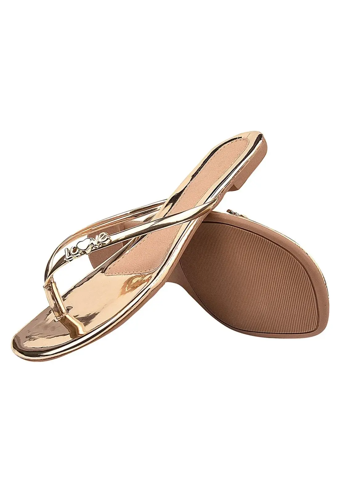 Sandália Rasteira Feminina Dedo PassoChiq Traseiro Fivela Metalizado Dourado