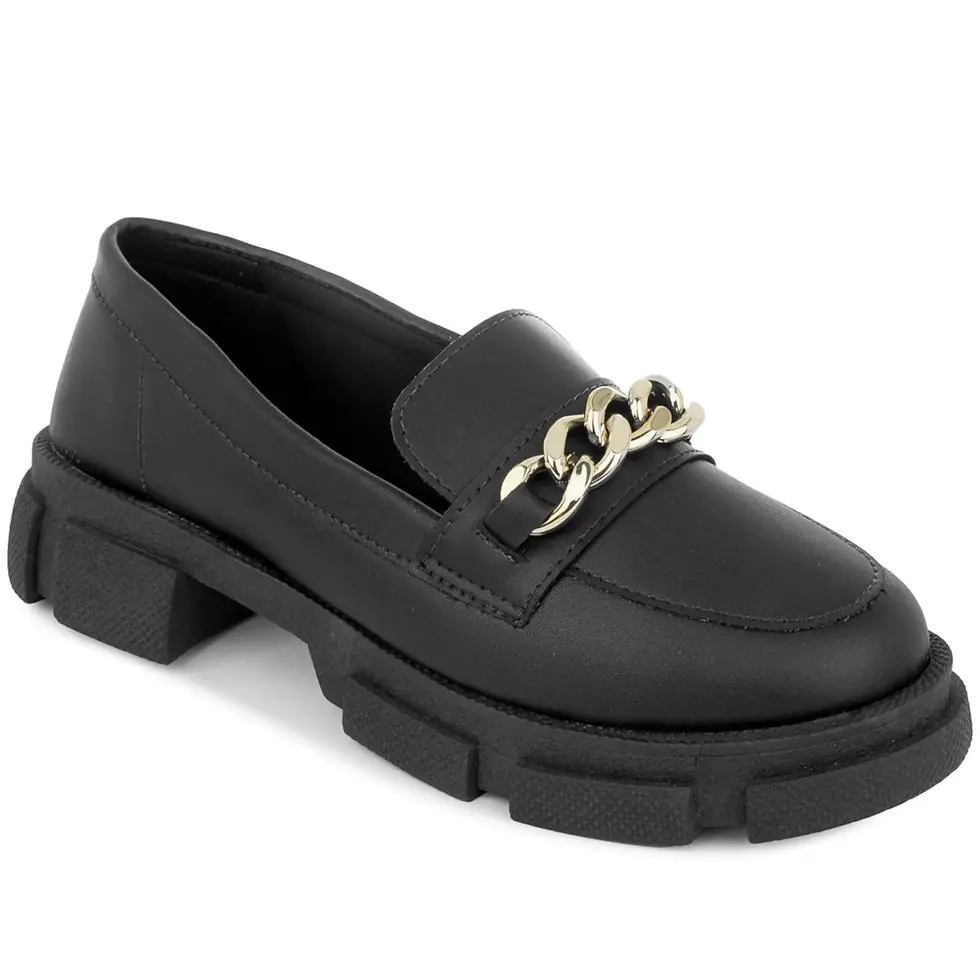 Thumbnail: Mocassim Feminino Tratorado Confortável Oxford com Corrente Preto