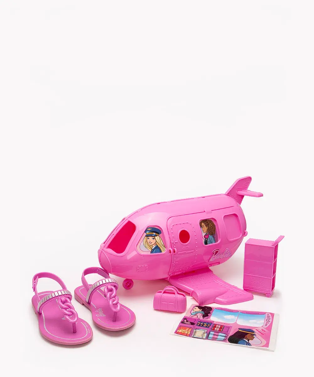 sandália infantil barbie light com avião grendene rosa