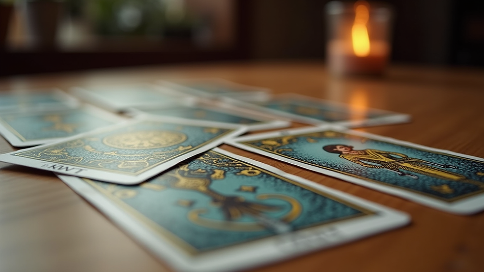 Close-up view of tarot cards laid out on a wooden table