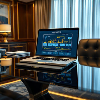 An expensive laptop, displaying a manufacturing process diagram is placed in the luxurious
