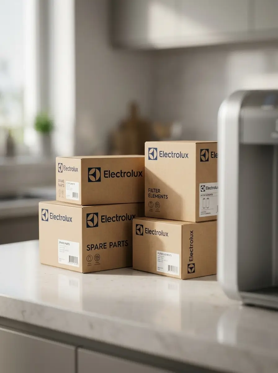 Caixas de peças Electrolux ao lado de purificador de água em balcão de cozinha