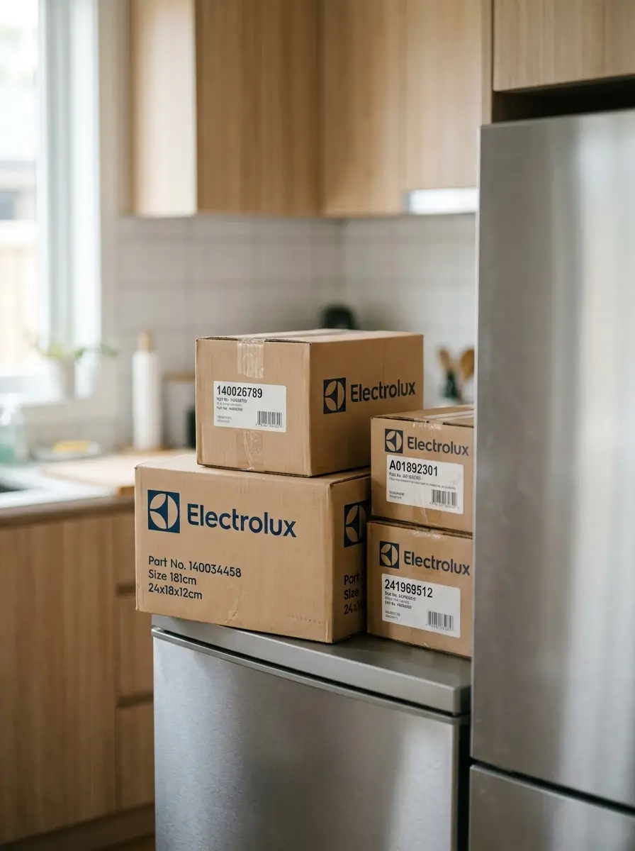 Caixas de geladeira Electrolux em cozinha durante entrega ou instalação