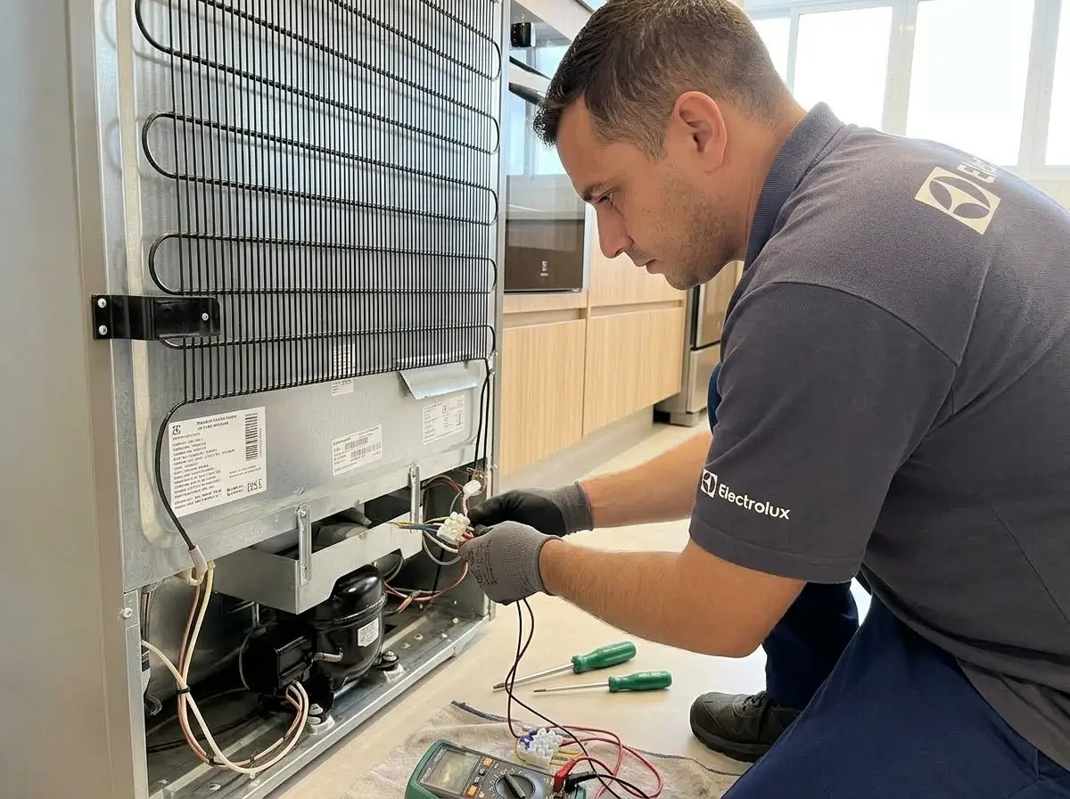 Técnico Electrolux realizando manutenção interna em geladeira