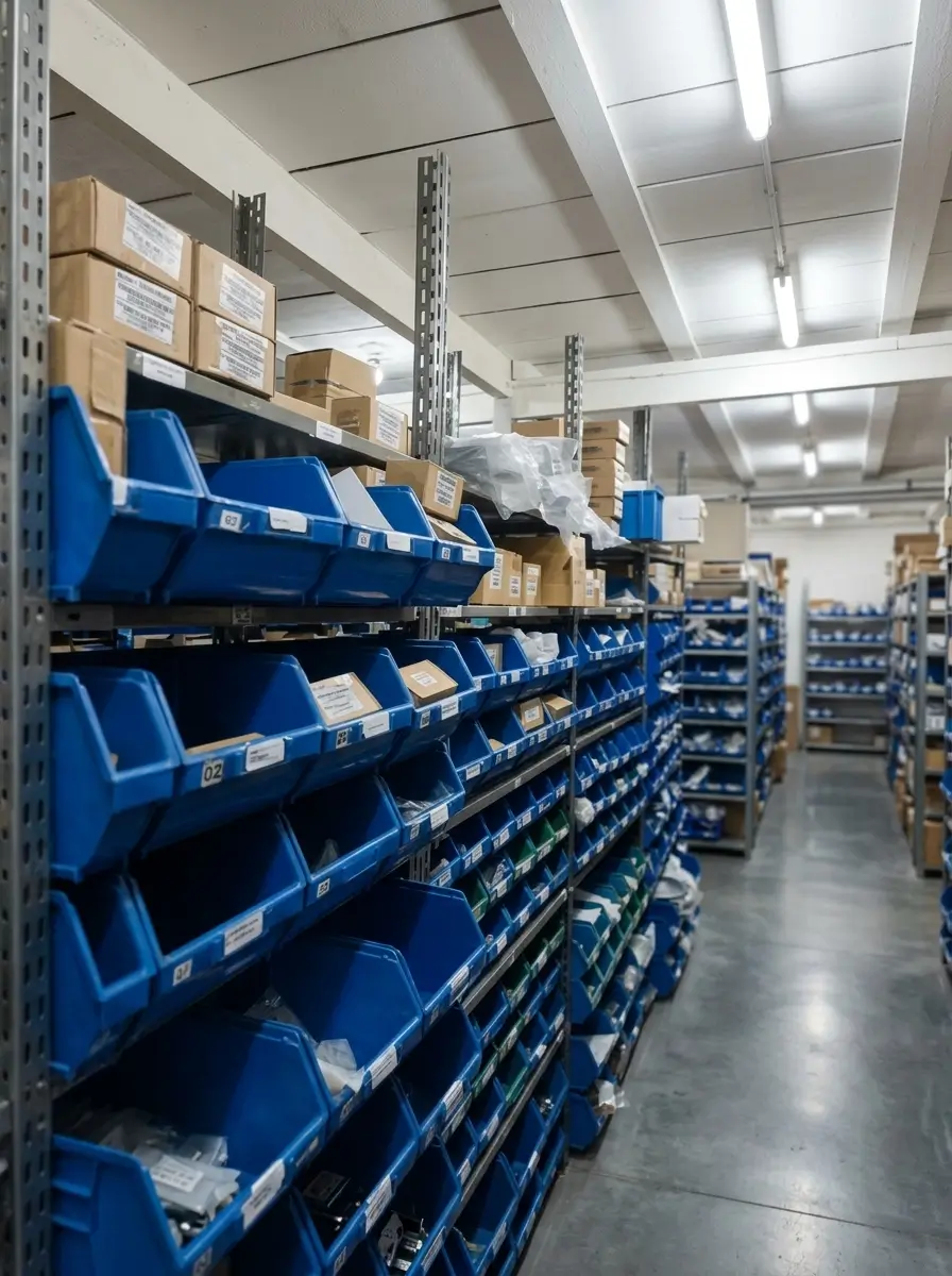 Interior do estoque com prateleiras organizadas de peças Electrolux