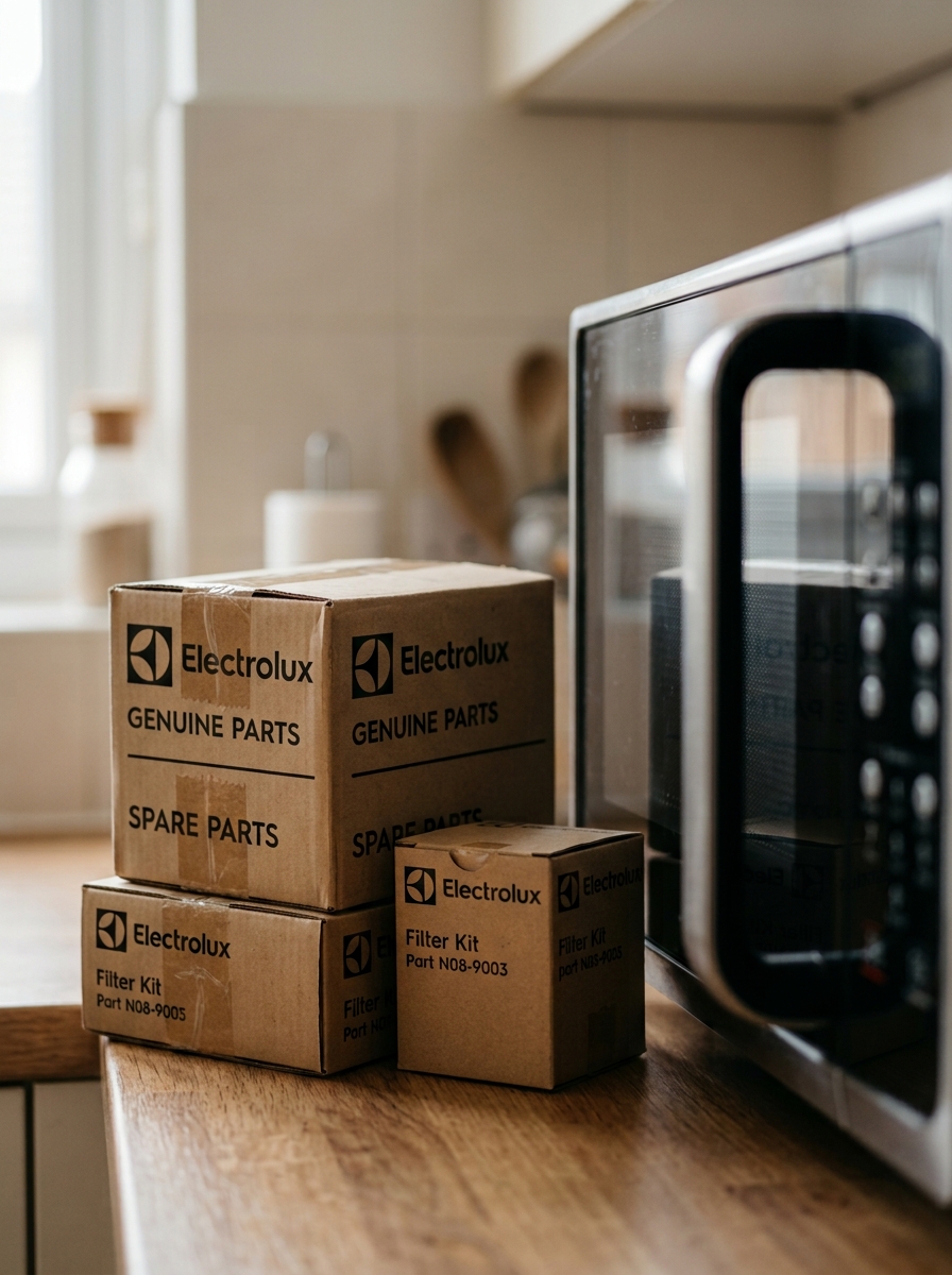 Caixas de refil e filtro Electrolux ao lado de purificador de água