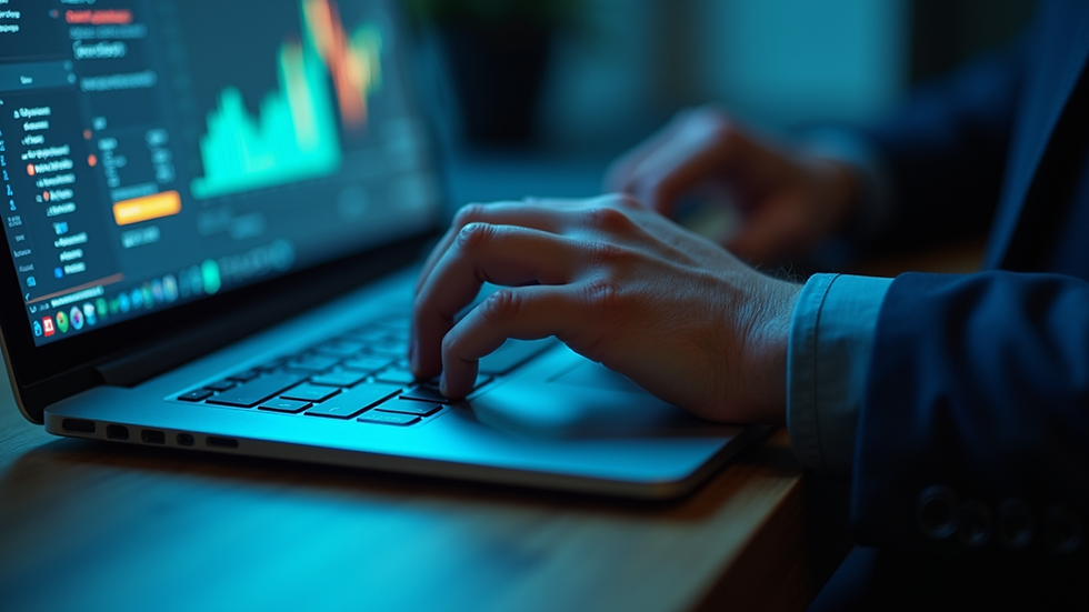 Close-up view of a cybersecurity professional analyzing data on a laptop