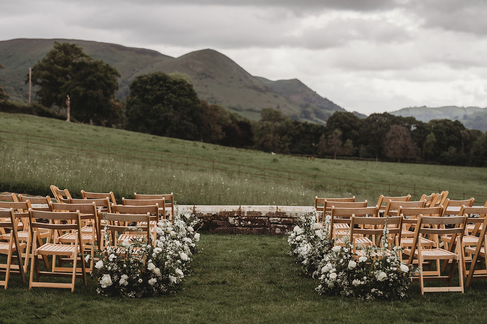 Outdoor wedding setup with wooden chairs and white flower arrangements on a grassy field. Overcast sky and lush green hills in the background.