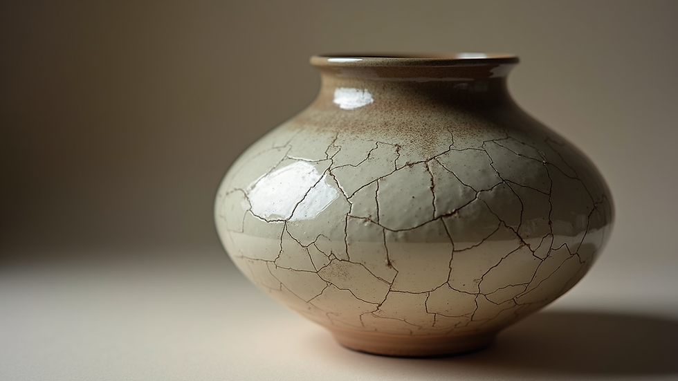 Close-up view of a hand-thrown ceramic vase with crackle glaze