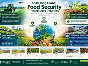 Infographic on global food security: tractor, crops, globe, produce, and supply chain with sustainability icons and data.