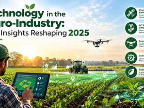 Smart farming infographic: farmer uses tablet as drone and tractor scan crops at sunrise, with tech icons and 2025 title.