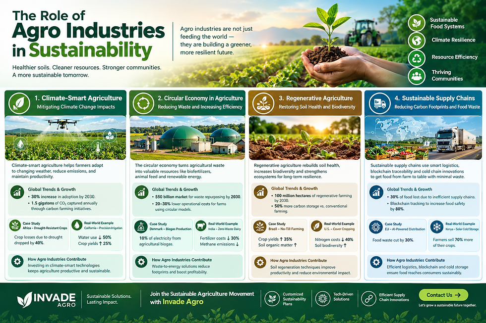 Infographic on agro industries in sustainability, with farm field, seedling in hands, tractor, and four green-blue panels of solutions.