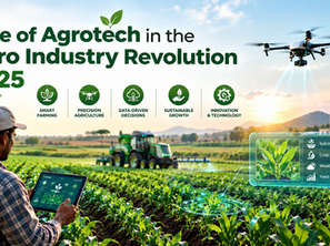 Agrotech poster: farmer with tablet in green field, drone and tractor at sunset; headline reads Role of Agrotech in the Agro Industry Revolution 2025