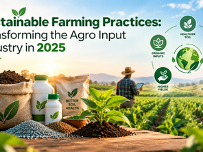Sustainable Farming Practices 2025 graphic with seed bags, crops and a farmer in a sunny field; icons show soil, yield and efficiency.