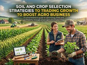 Farmers review soil data in a sunrise crop field; laptop charts, seedlings, tools, and headline: Soil and Crop Selection Strategies to Trading Growth