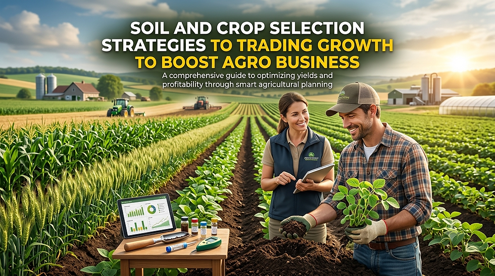 Farmers review soil data in a sunrise crop field; laptop charts, seedlings, tools, and headline: Soil and Crop Selection Strategies to Trading Growth