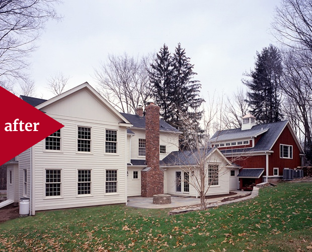 Ridgefield CT colonial after load-bearing wall removal, kitchen rebuilt around structural post