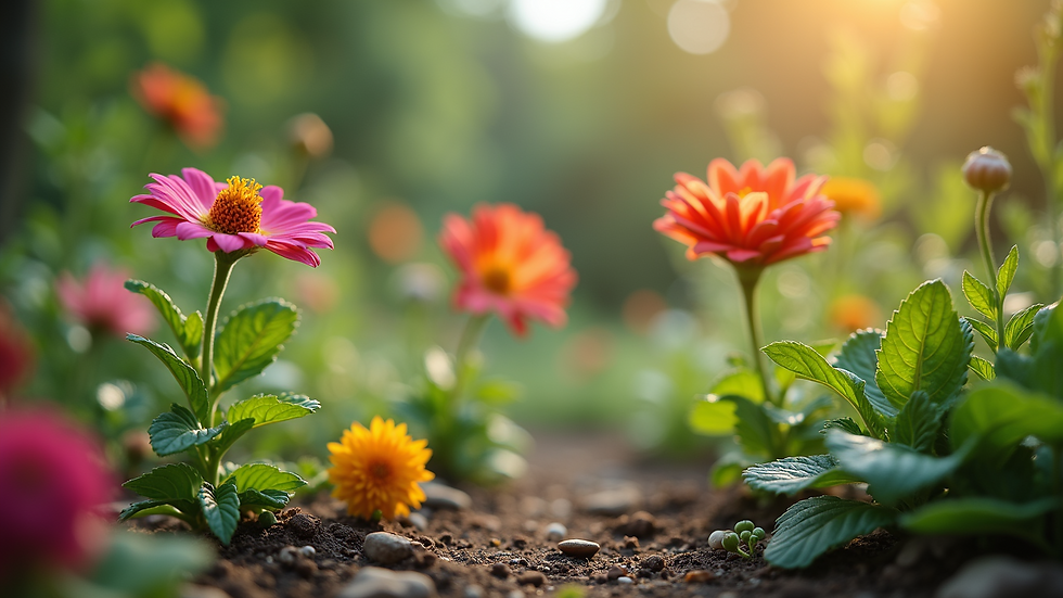 Close-up view of a sensory garden with tactile plants and colourful flowers