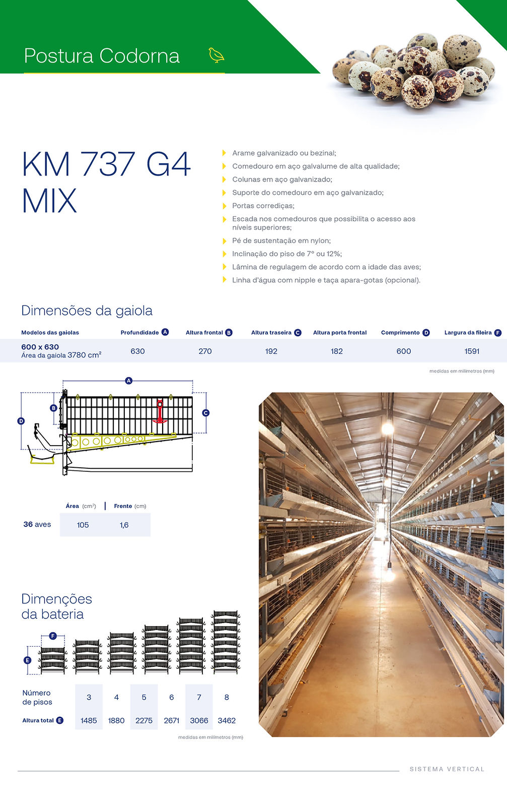 KM 737 G4 MIX Sistema Vertical de gaiolas para avicultura de codornas