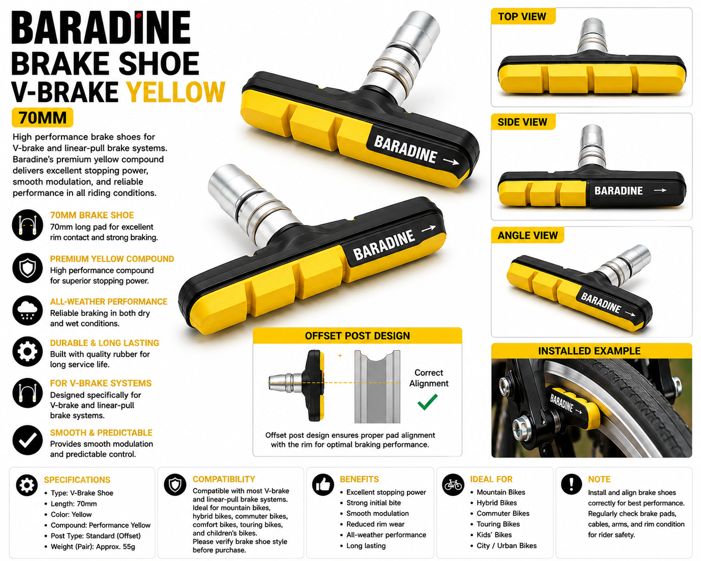 Baradine Brake Shoe V-Brake Yellow 70mm