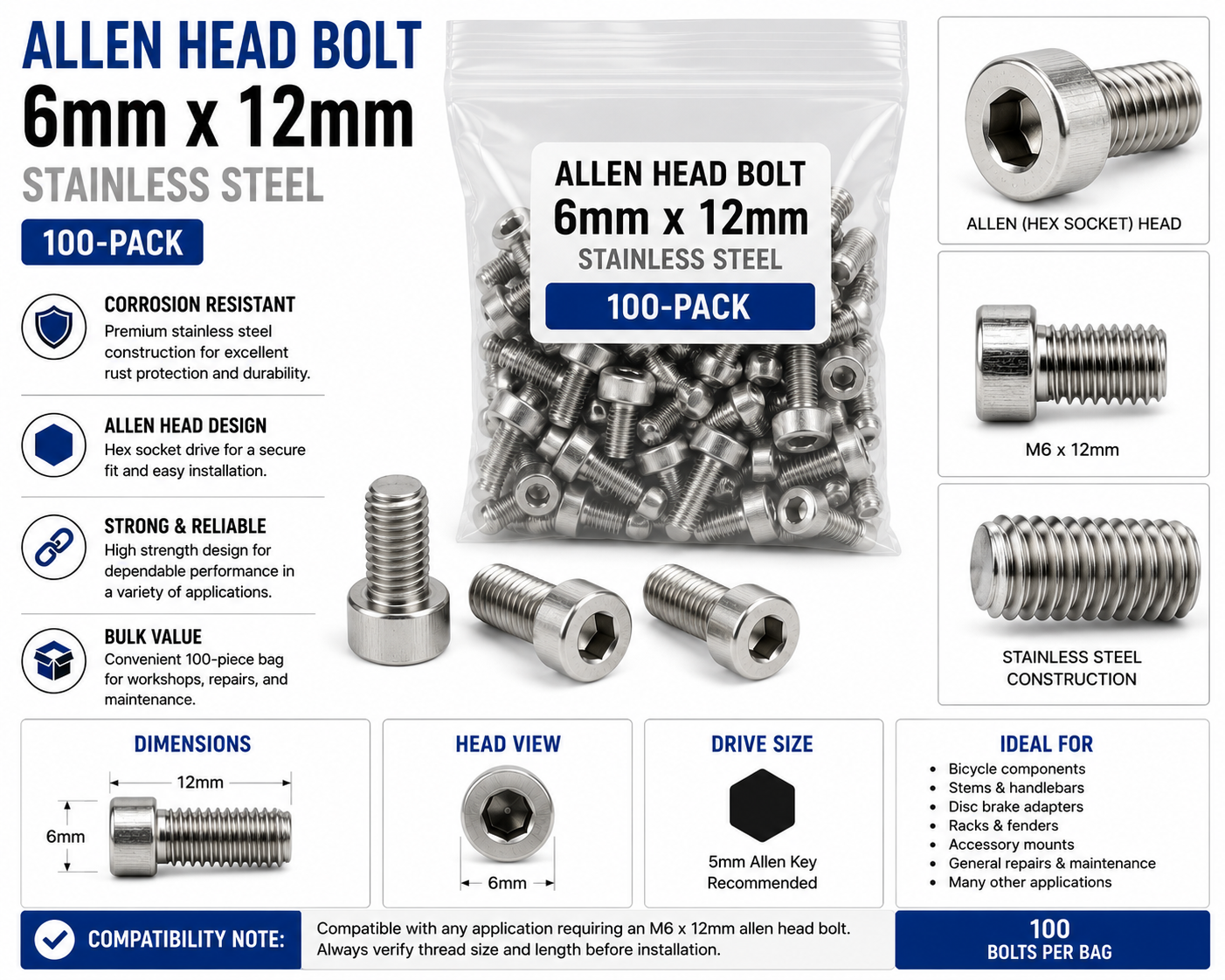 Allen Head Bolt 6mm x 12mm Stainless Steel (100-Pack)