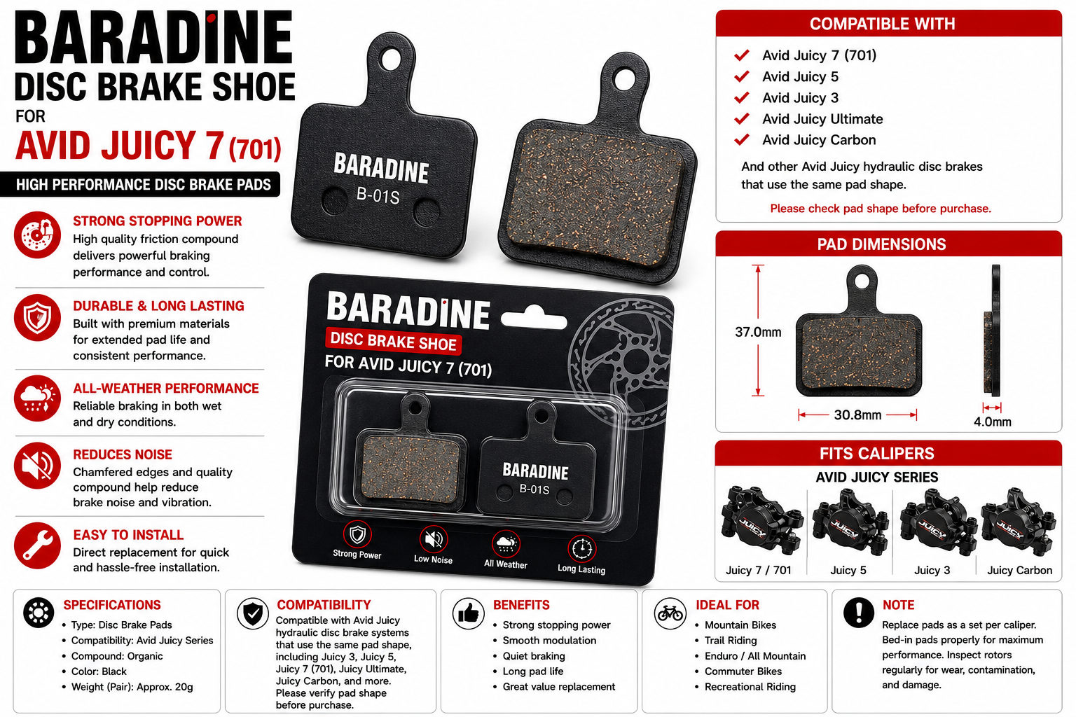Baradine Disc Brake Shoe for Avid Juicy 7 / Juicy 5 / Juicy 3 / Juicy Carbon