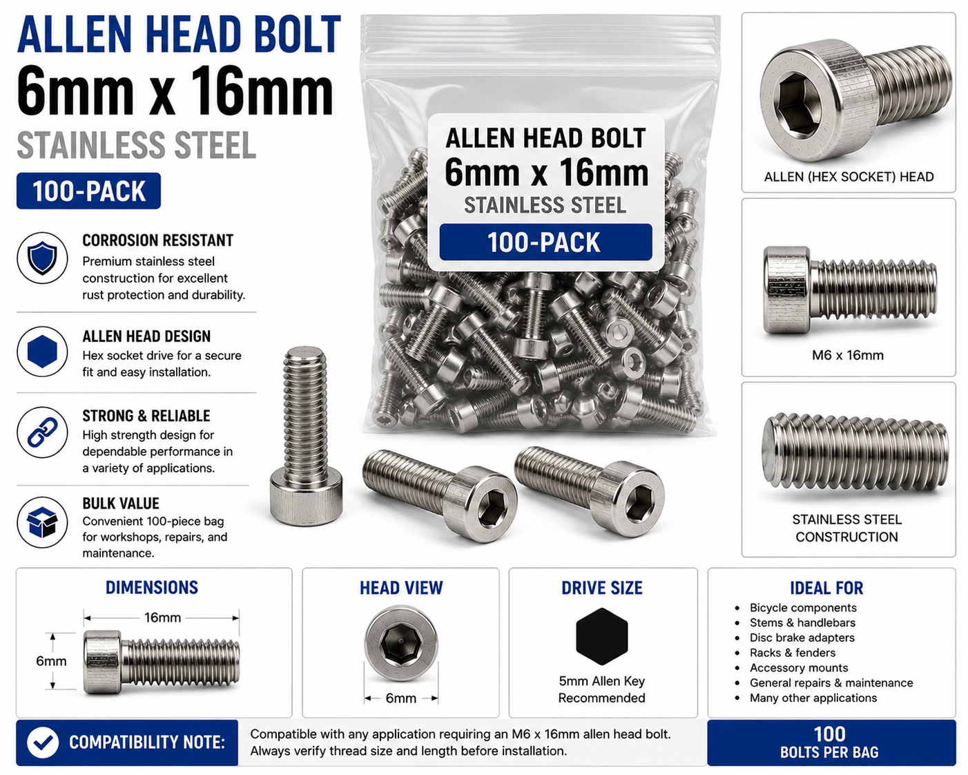 Allen Head Bolt 6mm x 16mm Stainless Steel (100-Pack)