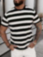 Męski sweter z krótkim rękawem, okrągłym dekoltem, wzorem w poziome pasy i haftowanym logo OLAVOGA — Ola Voga NEXTO 2026