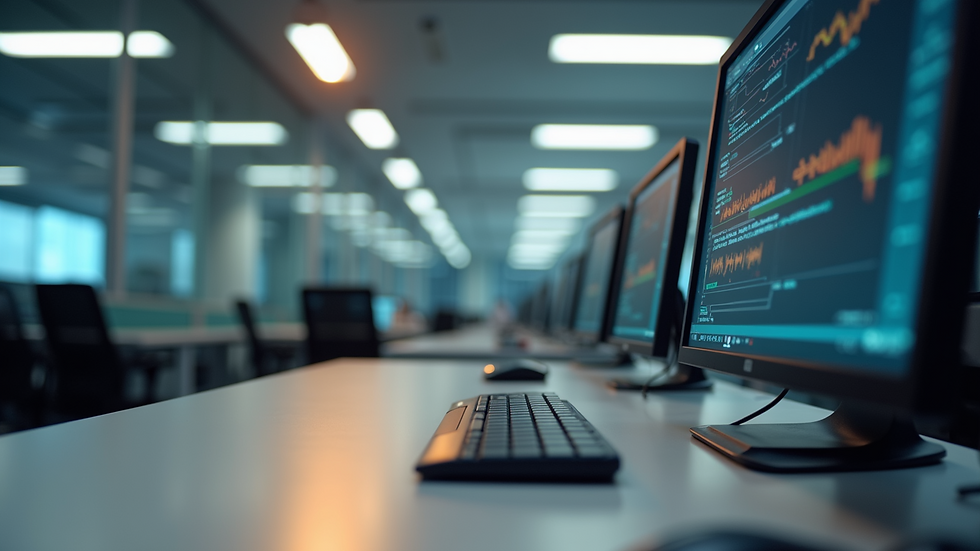 Eye-level view of a modern office workspace with multiple computer screens