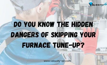 man working on a furnace with text overlaying the picutre