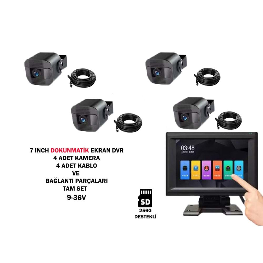 MODEL T30-BSD-F10-1080P 4 KAMERA DOKUNMATIK 7 INCH EKRAN DVR ARAÇ KAMERASI SETİ